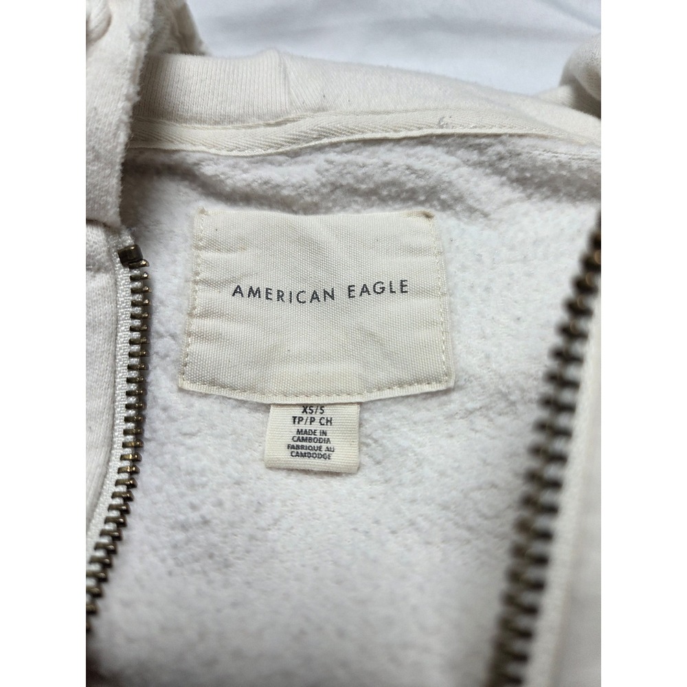 American Eagle Full Zip Hoodie Cream Oversized Fleece Sweatshirt XS/S - Picture 2 of 9